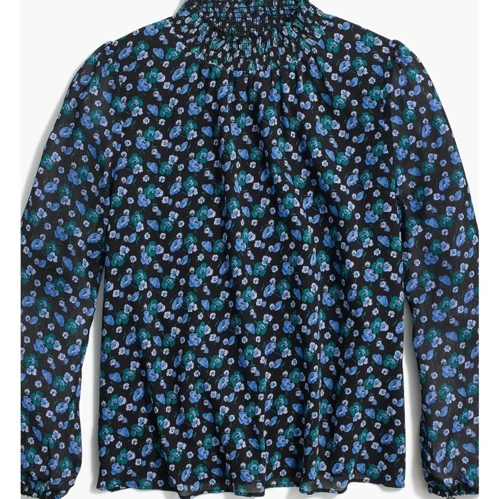 J.Crew Womens XS Black Blue Floral Smocked Mock Neck Long Sleeve Blouse NWOT $88
